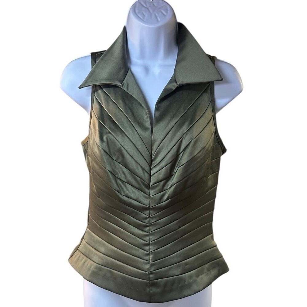 Cache Satin Structured Bustier Style Top Olive Green Pleated Y2K Sexy Size 12